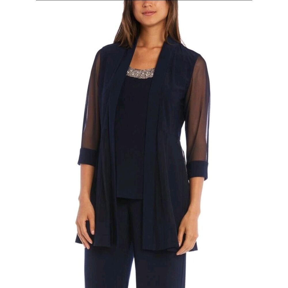 NEW R & M Richards Embellished Layered-Look Top & Jacket Size 10 Navy Blue
